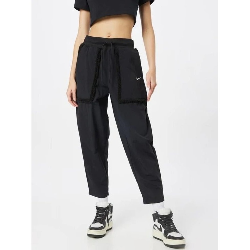 Nike Sportswear Pants XXL Black Faux Fur Borg Pocket Nylon Tapered Swoosh Womens - Picture 2 of 9